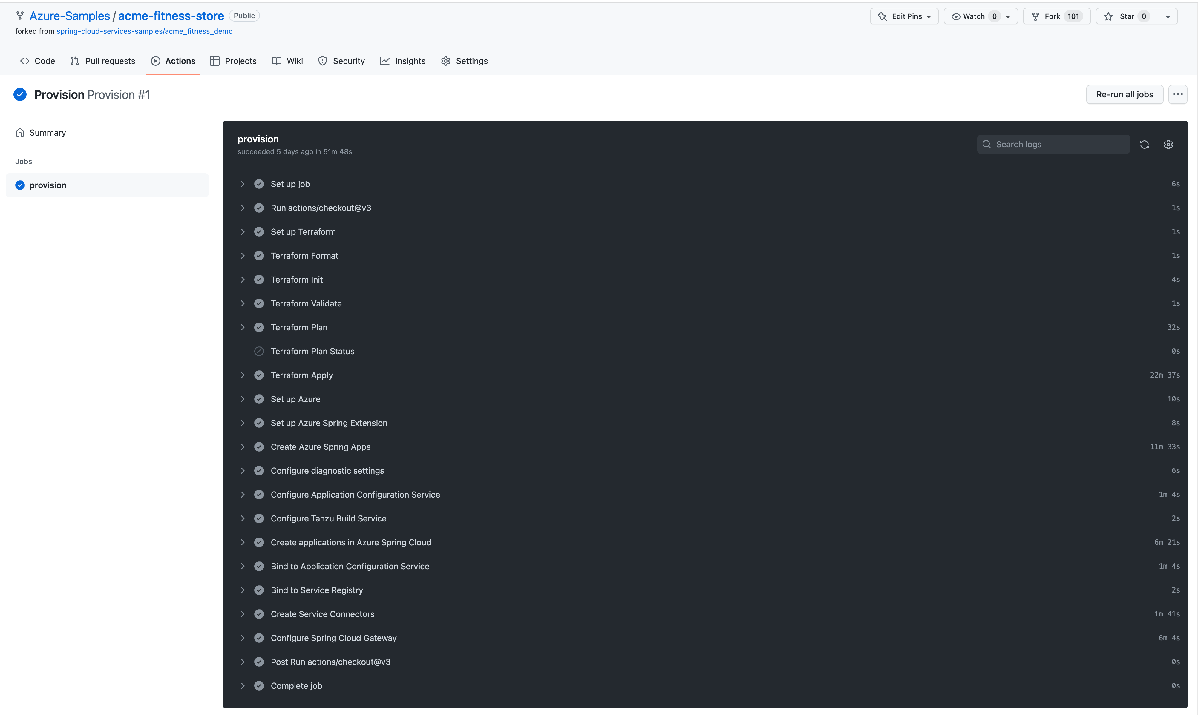 Screenshot of GitHub showing output from the provision workflow.