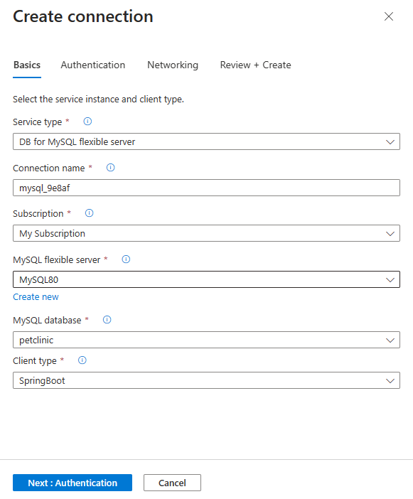 Screenshot of the Azure portal, filling out the basics tab in Service Connector.