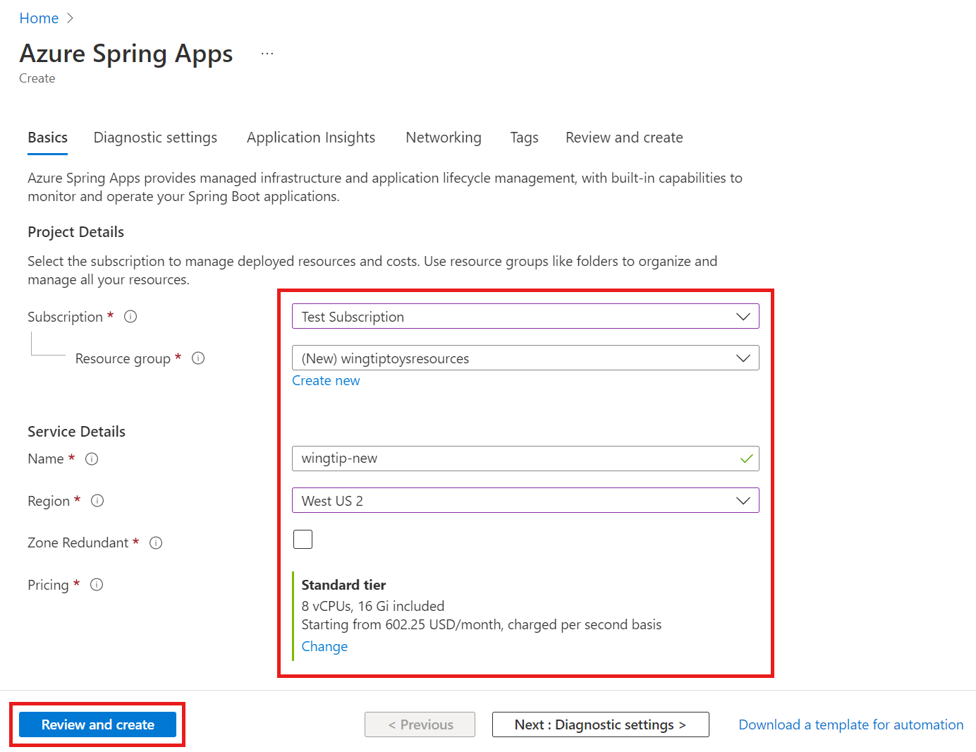 Screenshot of Azure portal showing the Azure Spring Apps Create page.