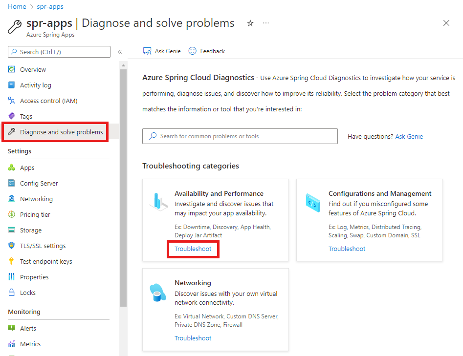 Screenshot of Azure portal showing Diagnose and solve problems page.
