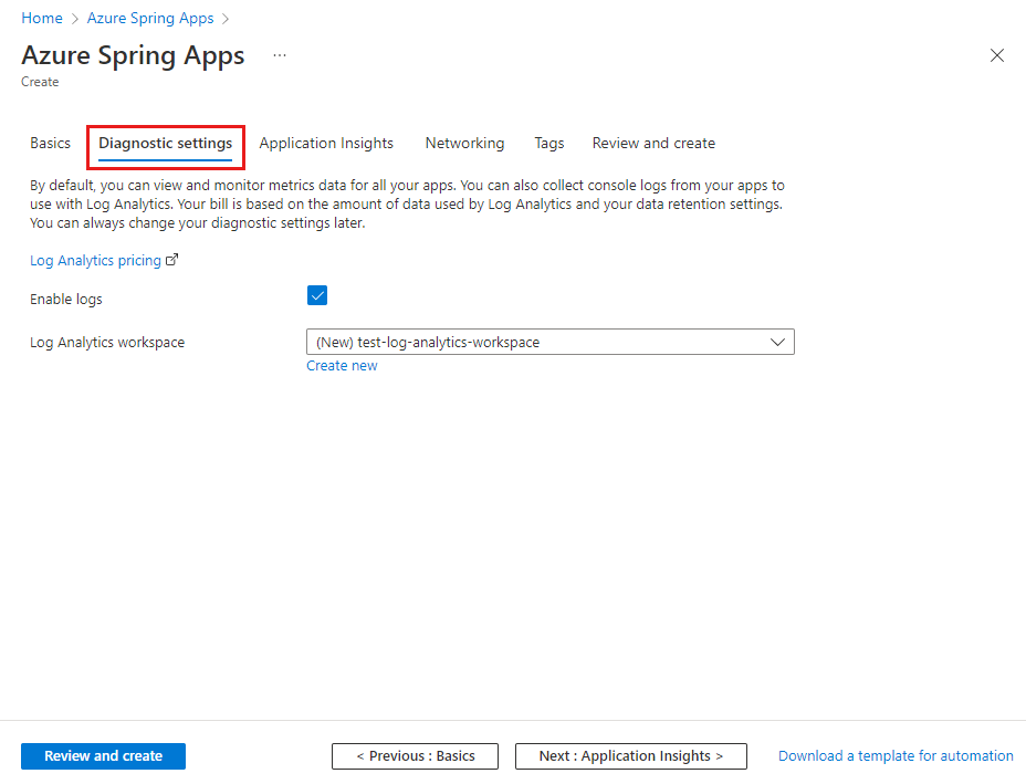 Screenshot that shows where to configure diagnostic settings during provisioning.