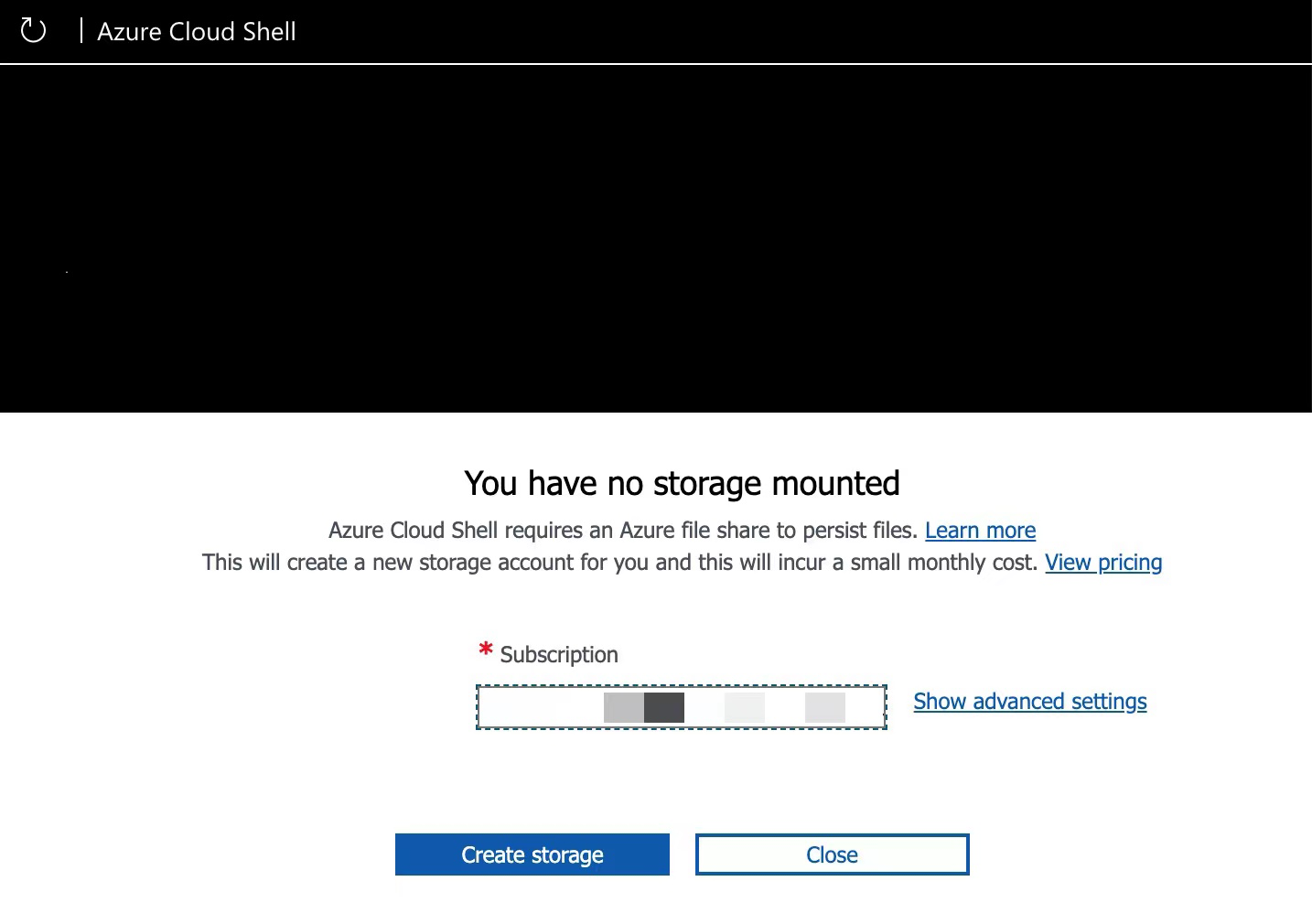 Screenshot of an Azure portal alert that no storage is mounted in the Azure Cloud Shell.