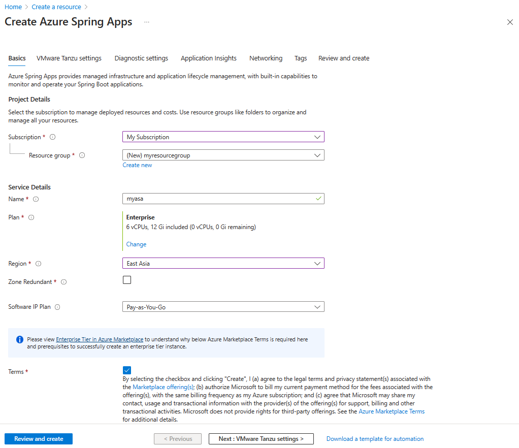 Screenshot of the Azure portal that shows the Create Azure Spring Apps page.