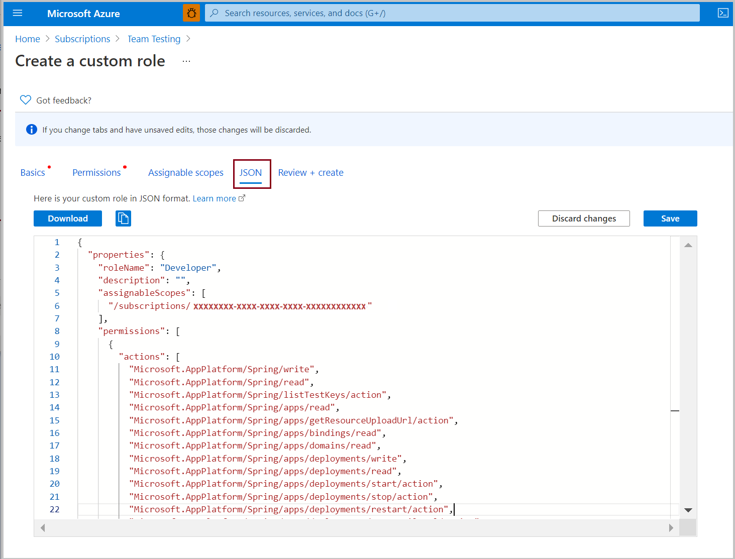 Screenshot that shows the JSON for the Developer role.