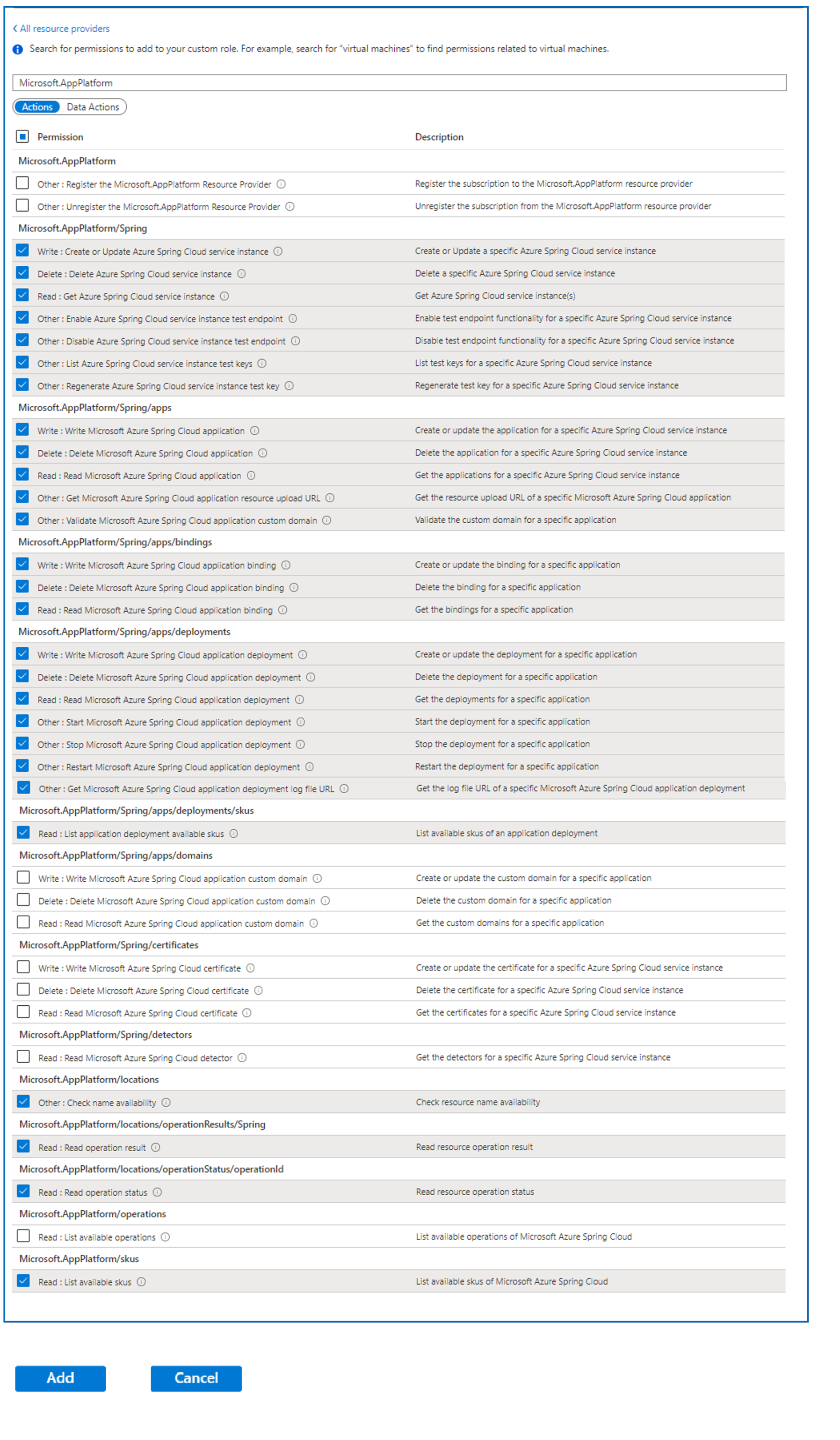 Screenshot of Azure portal that shows the selections for DevOps permissions.
