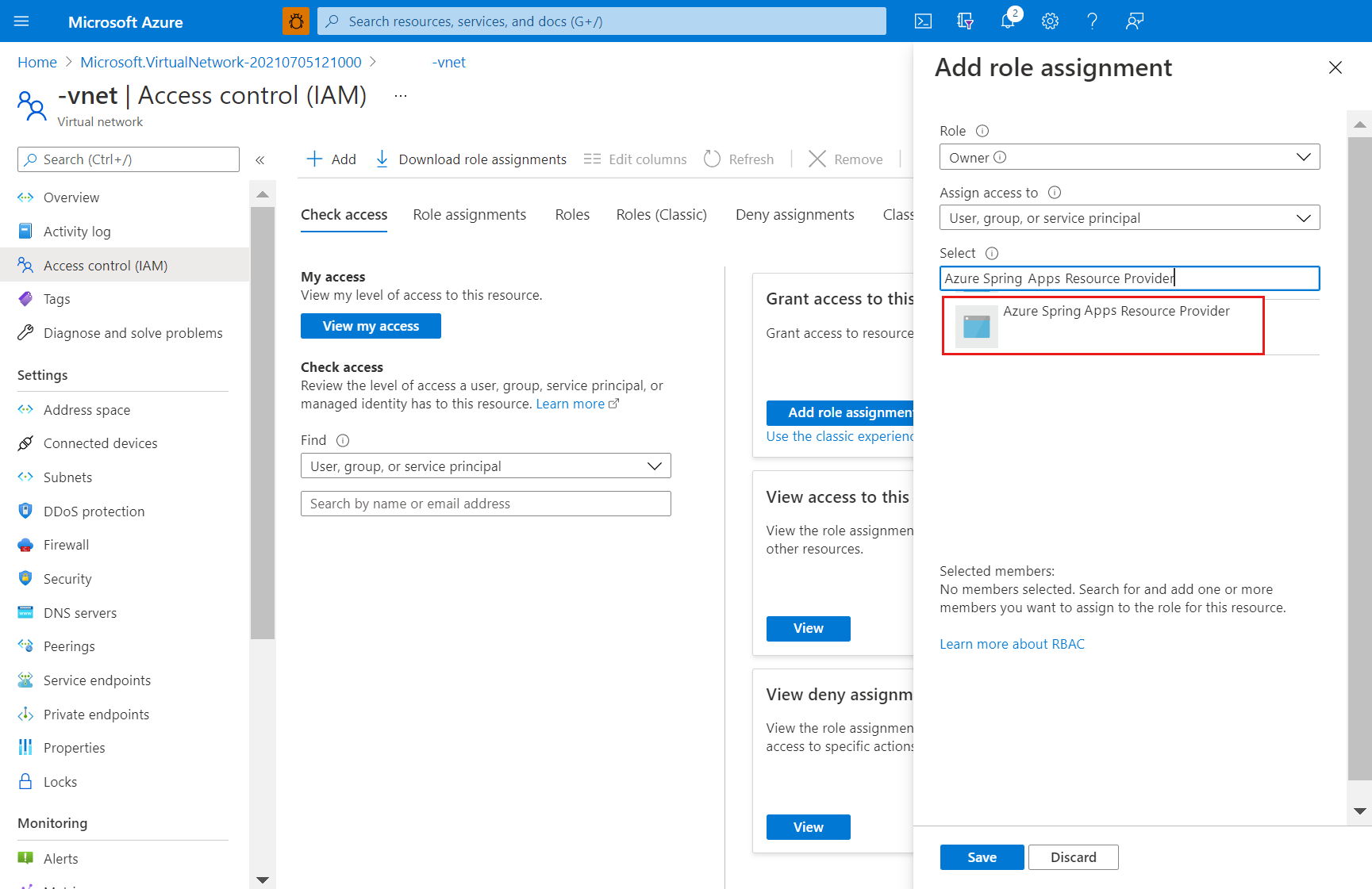 Screenshot of the Azure portal showing the Access Control (IAM) page, with the Add Role Assignment pane open and search results displaying the Azure Spring Apps Resource Provider.