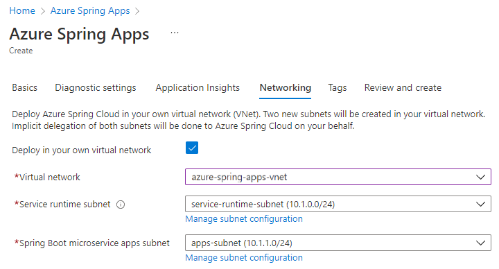 Screenshot of the Azure portal Azure Spring Apps Create page showing the Networking tab.