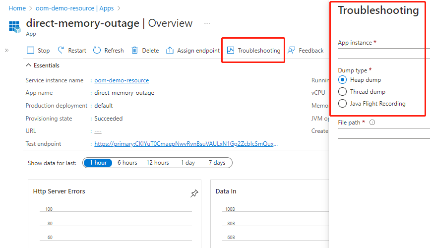 Screenshot of Azure portal showing app overview page with Troubleshooting button highlighted.