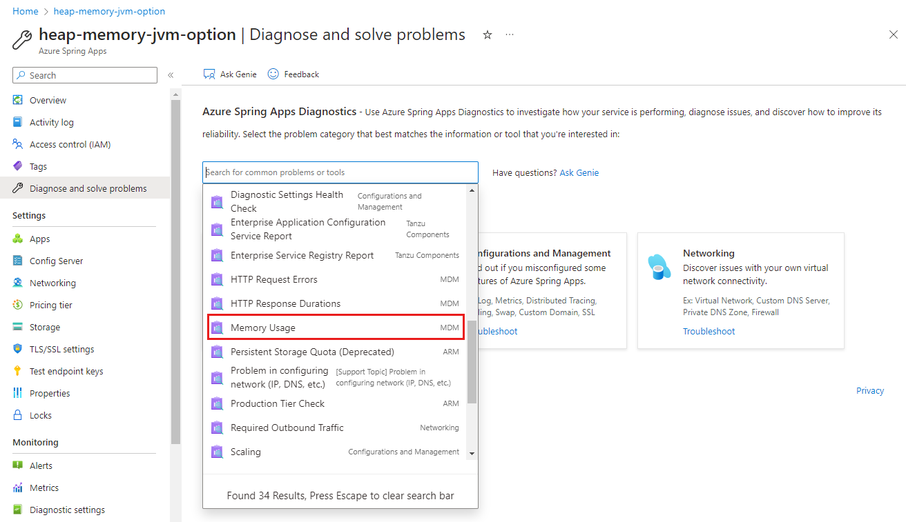 Screenshot of Azure portal showing Azure Spring Apps Diagnose and solve problems page with Memory Usage highlighted in drop-down menu.