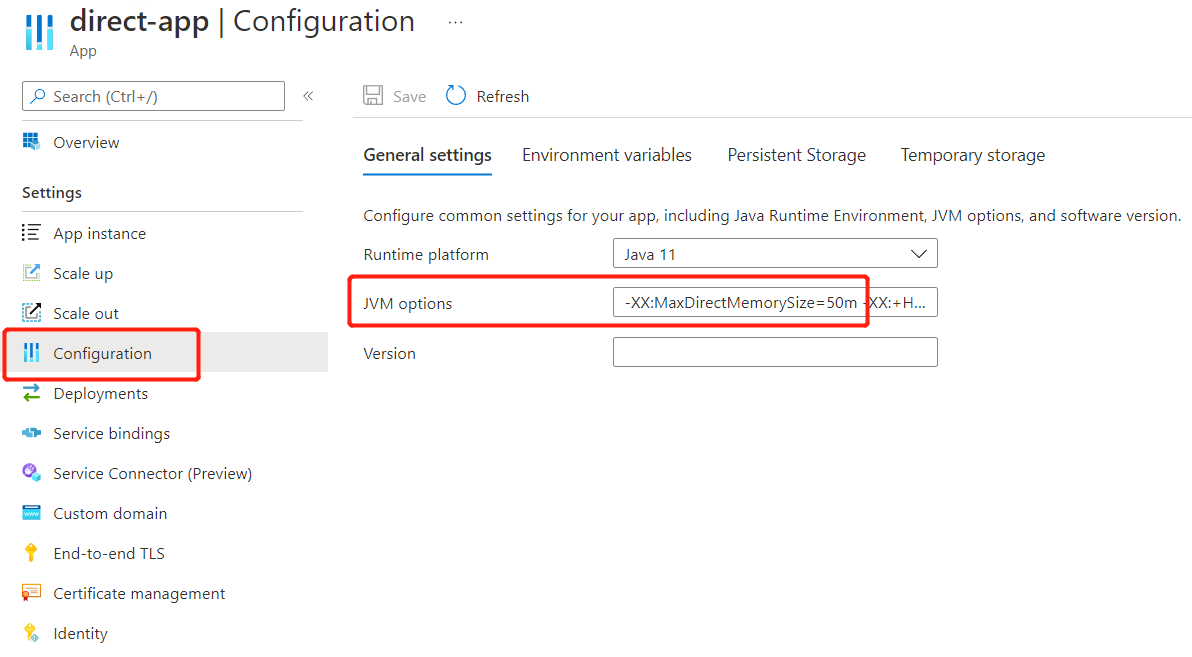 Screenshot of Azure portal showing app configuration page with JVM options highlighted.