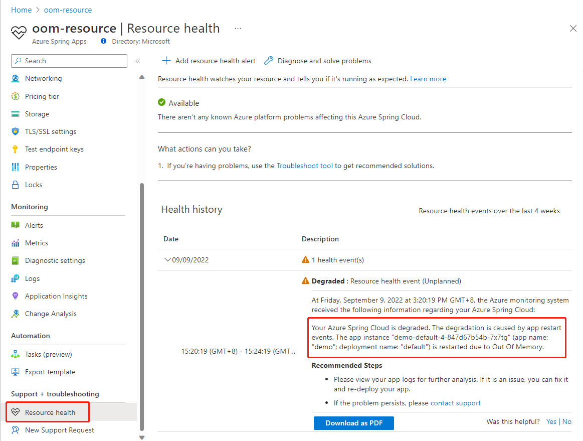 Screenshot of Azure portal showing Azure Spring Apps Resource Health page with OOM message highlighted.