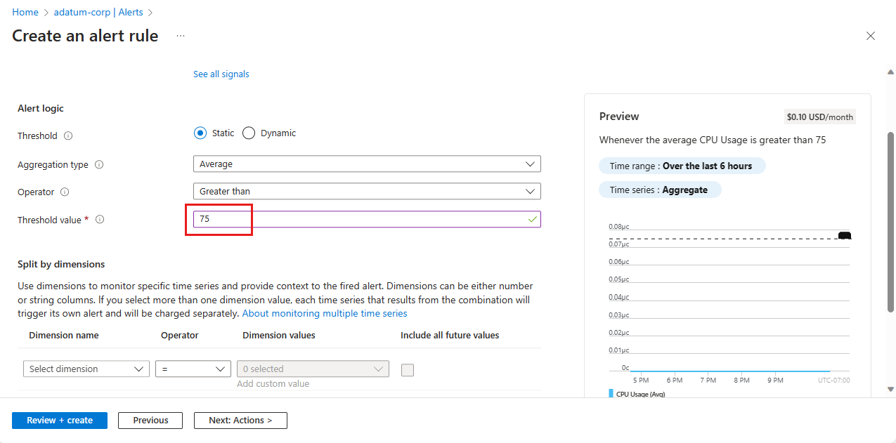 Screenshot of the Azure portal showing the Create an Alert rule page with the alert logic setting for Threshold value highlighted.