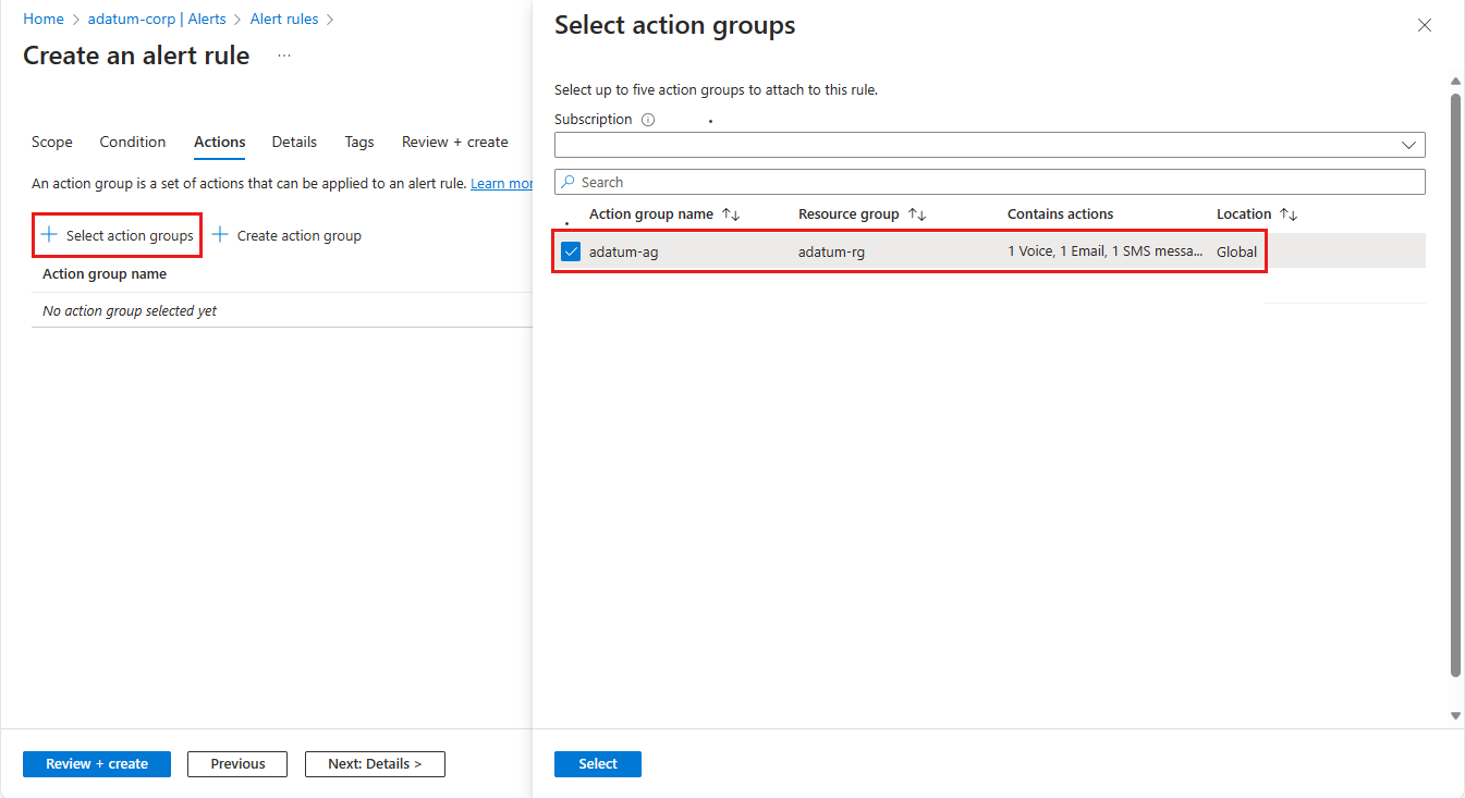 Screenshot of the Azure portal showing the Select an action group to attach to this alert rule pane with an Action group name highlighted.
