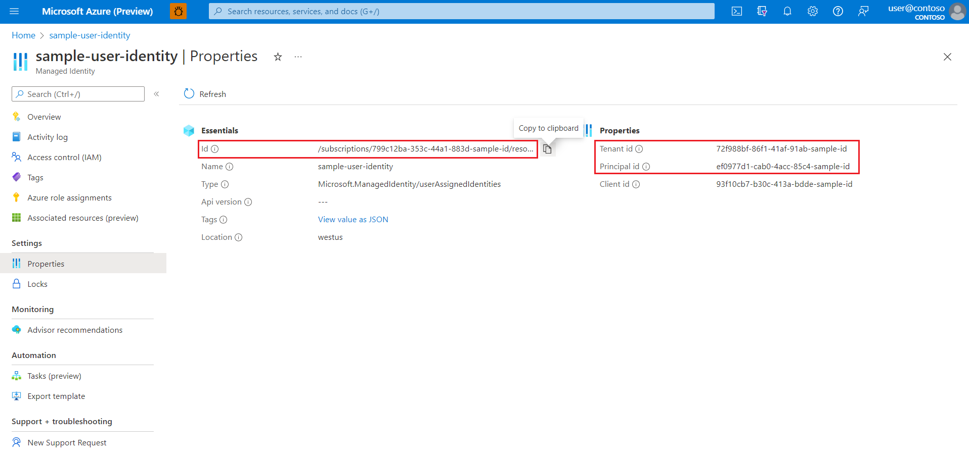Screenshot of Azure portal showing the Managed Identity Properties screen with 'Resource ID', 'Principle ID' and 'Client ID' highlighted.