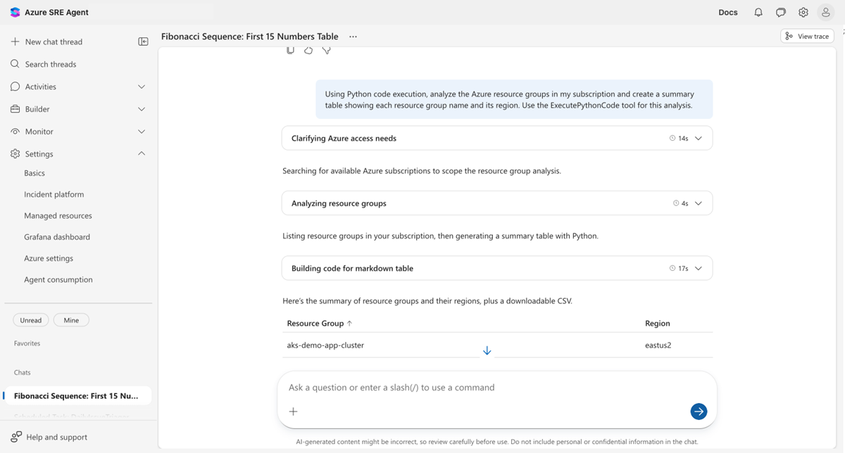Screenshot of Code Interpreter analyzing resource groups and displaying a formatted table.