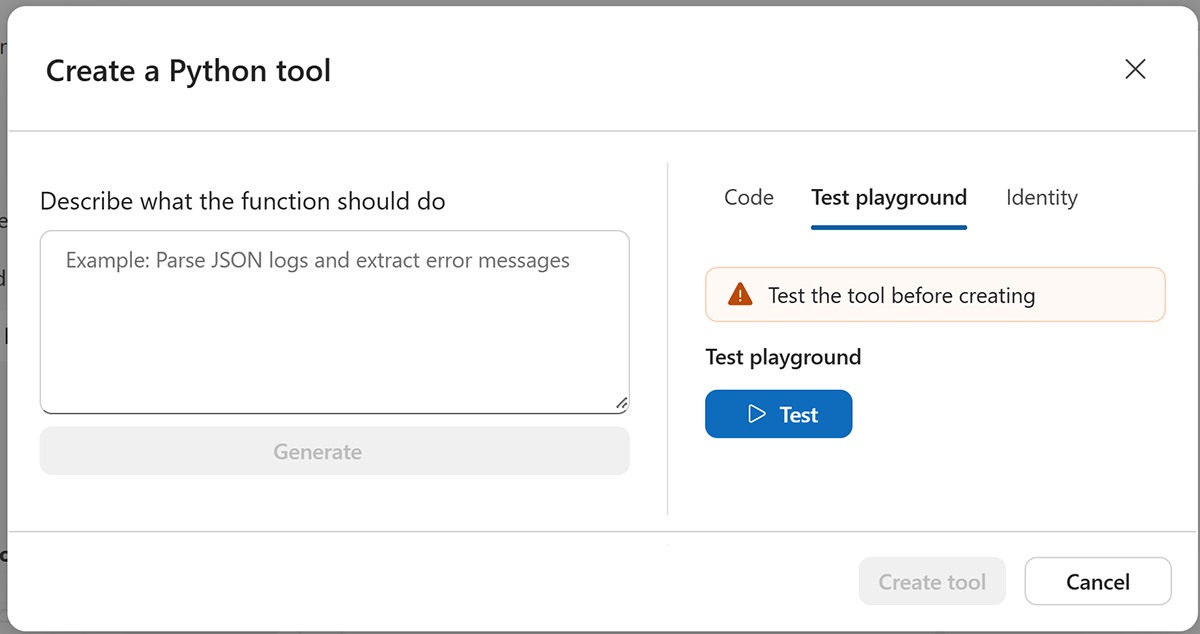 Screenshot showing the Test playground tab.