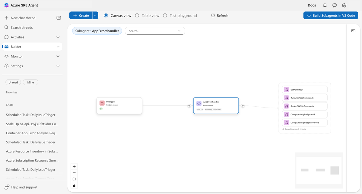 Screenshot of the subagent builder canvas view showing subagent nodes and existing trigger nodes.