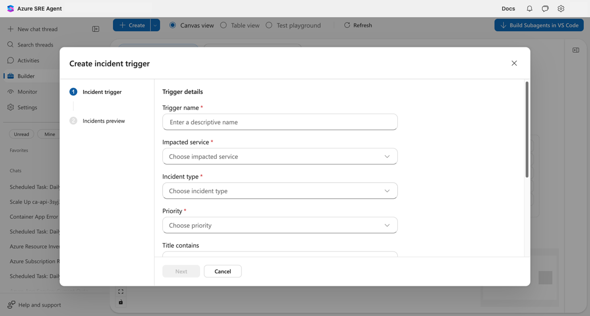 Screenshot of the Create incident trigger dialog showing trigger details form with fields for name, service, type, and priority.