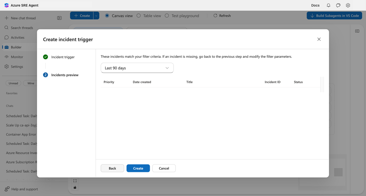 Screenshot of the incidents preview step showing matching past incidents table with priority, date, title, incident ID, and status columns.