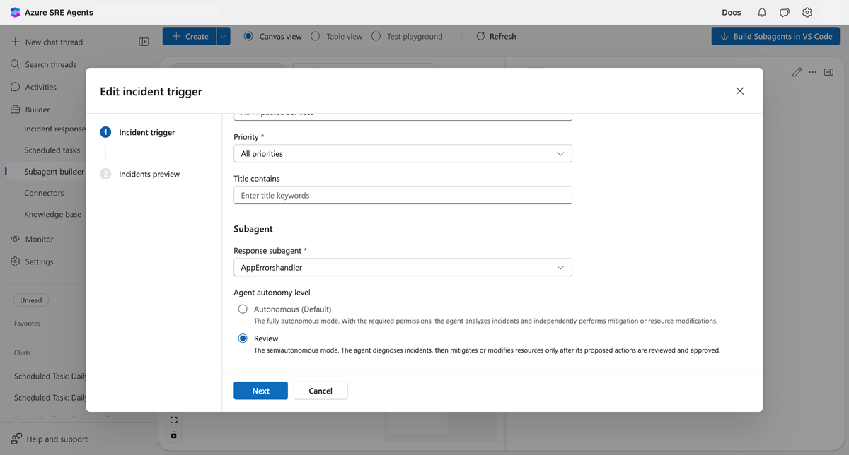 Edit incident trigger dialog showing Agent autonomy level with Autonomous and Review options.