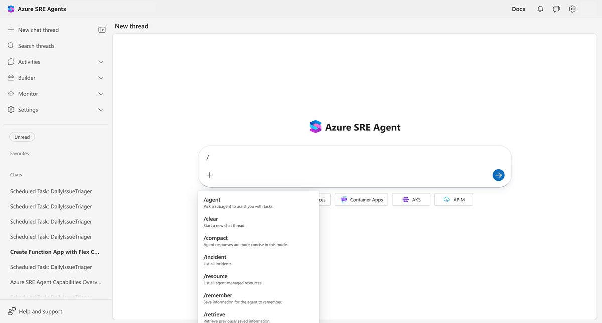 Screenshot of slash commands menu showing available commands.