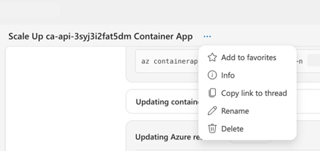 Screenshot of thread context menu showing Add to favorites, Info, Copy link to thread, Rename, and Delete options.