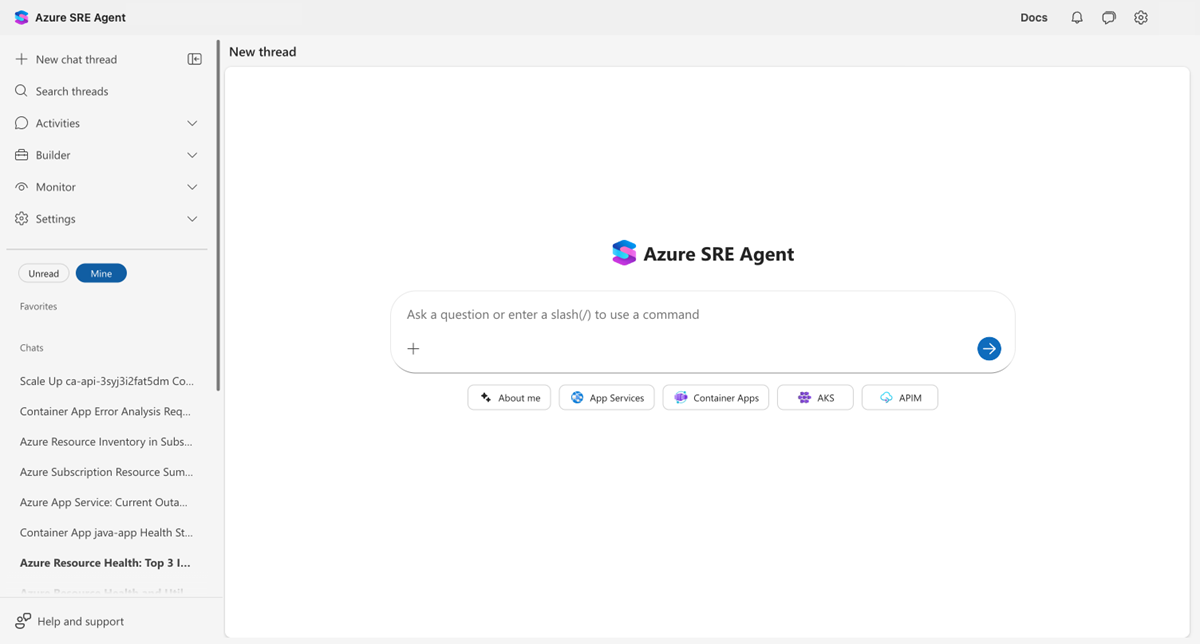 Screenshot of thread sidebar with the Mine filter active, showing only user-initiated threads.
