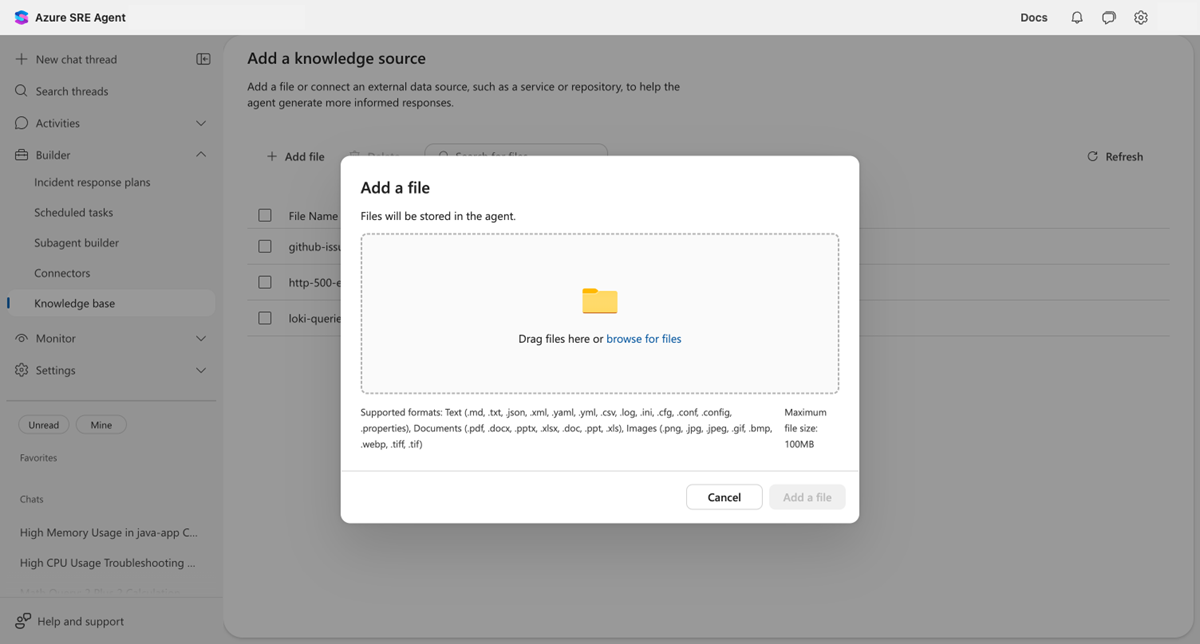 Upload dialog showing a drag-and-drop zone with supported file formats and 100-MB maximum size.