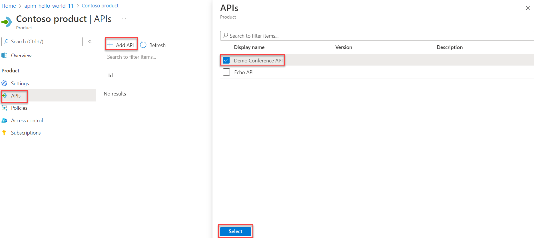 Screenshot of the API Management Products API blade in the Azure portal, showing how to add an API to the product created for the Static Web Apps resource.
