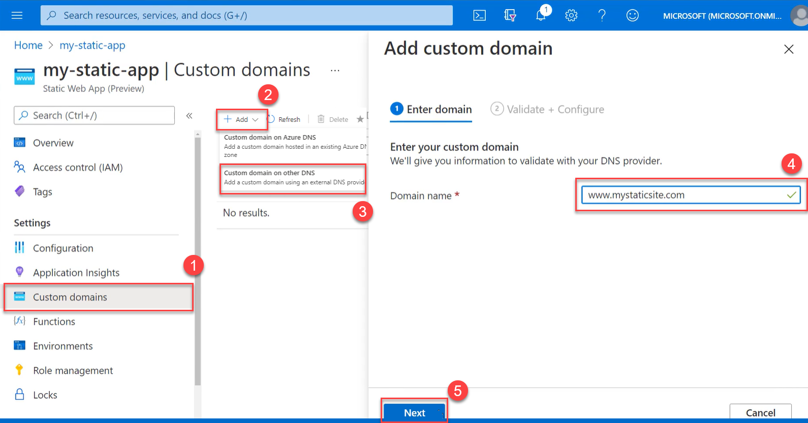 Screenshot showing sequence of steps in add custom domain form.