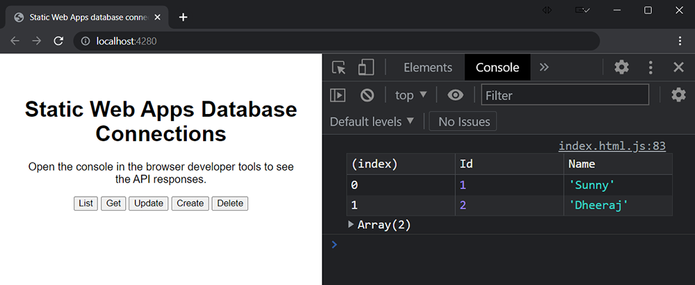 Web browser showing results from Cosmos DB in the developer tools console window.