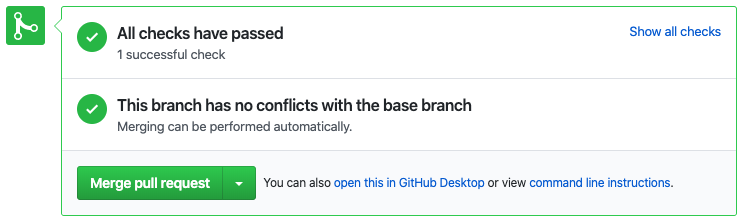 Screenshot showing the Merge pull request button in GitHub interface.