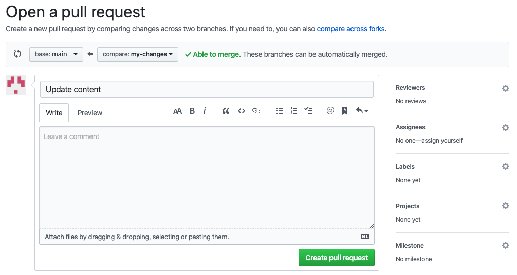Screenshot showing the pull request creation in GitHub.