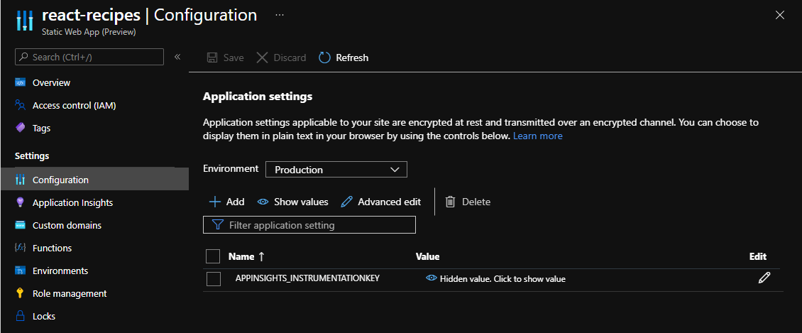 Screenshot of the Configuration screen on a static web app