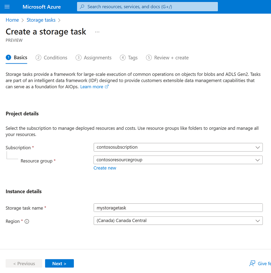 Screenshot of basics tab of the storage task create experience.