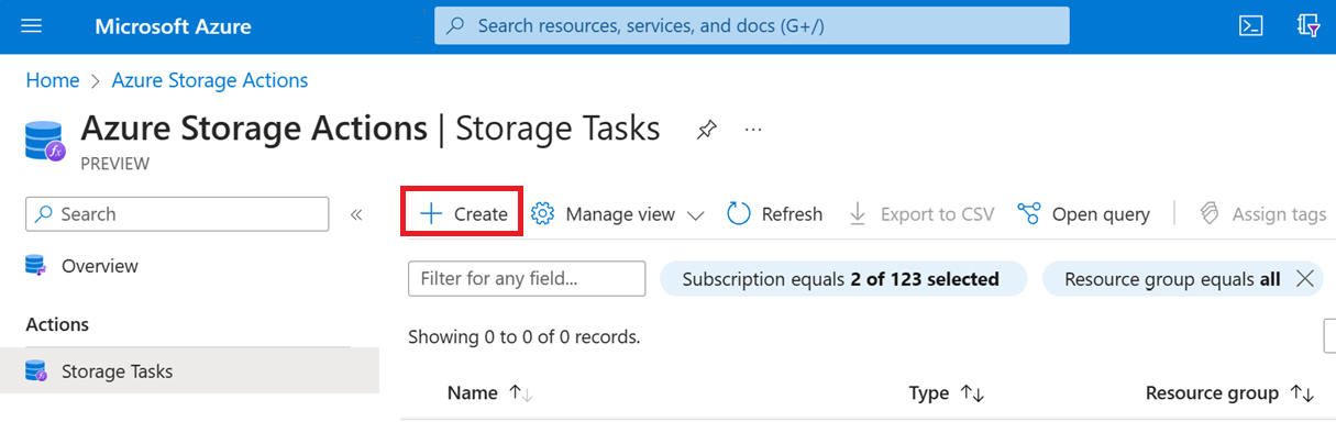Screenshot of the storage task create button.