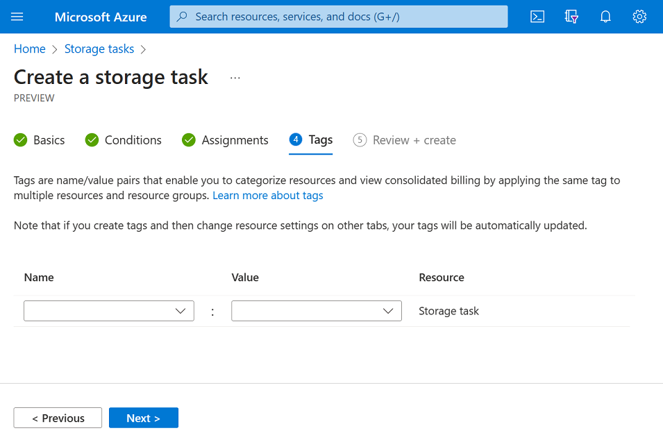 Screenshot of tags tab of the storage task create experience.