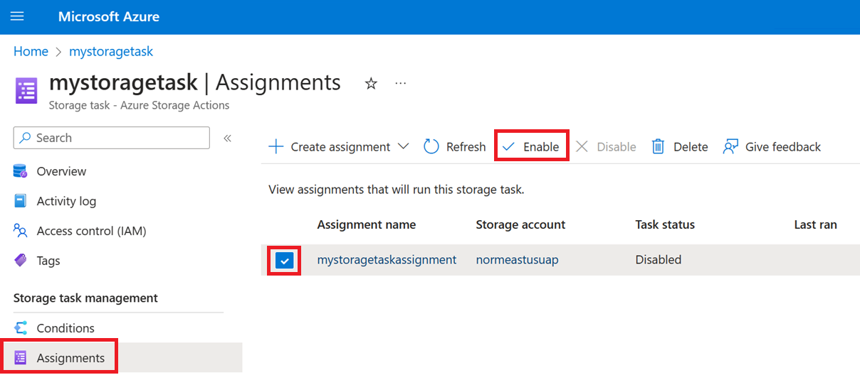 Screenshot of the Assignments option and the storage task assignment link.