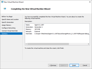 Image showing the user-assigned values in the Summary pane of the New Virtual Machine Wizard.