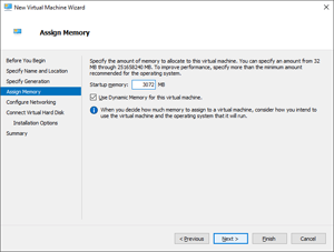 Image showing the location of the Startup Memory field within the New Virtual Machine Wizard.