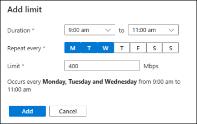 A screenshot of an Azure portal dialog showing the inputs to set a limit for a custom time period.