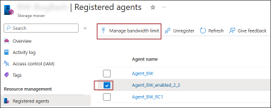A screenshot of the Azure portal, registered agents blade, showing first select an agent and then select the Bandwidth Management command.