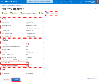 A screen capture showing the Add Multicloud Connector Overview page with the Review and Create tab selected. A summary of values is displayed for review.