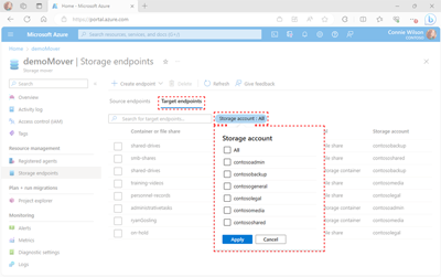 Screenshot of the Storage Endpoints page within the Azure portal showing the location of the target endpoint filters.