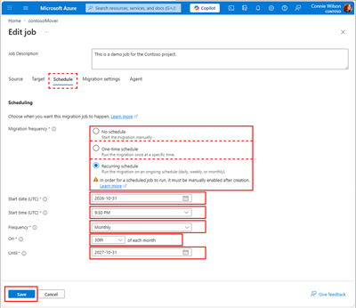 Screenshot of editing schedule settings for an existing job.