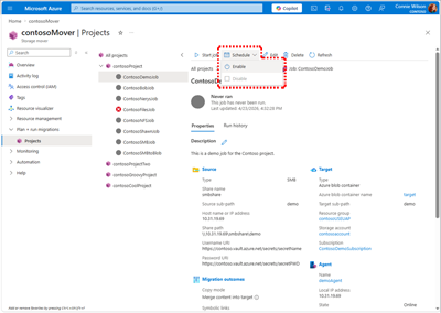 Screenshot of enabling a schedule for a job in Azure Storage Mover.