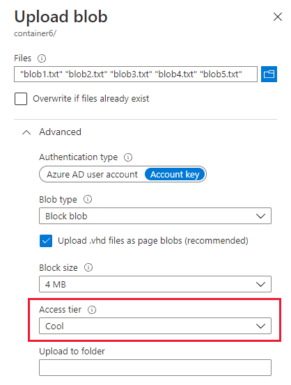 Screenshot showing how to upload blobs to an online tier in the Azure portal.