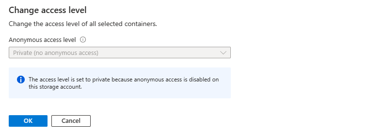 Screenshot showing that setting container public access level is blocked when public access disallowed