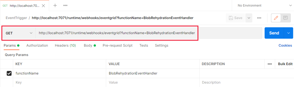 Screenshot showing how to specify local URL for event trigger in Postman 