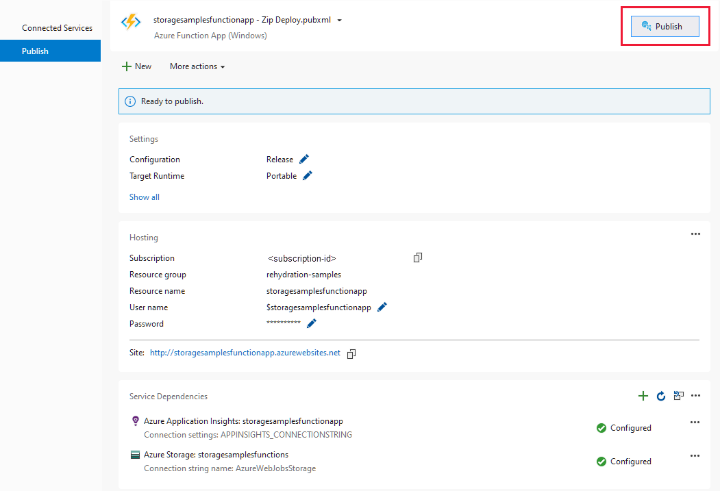 Screenshot showing page to publish Azure Function from Visual Studio
